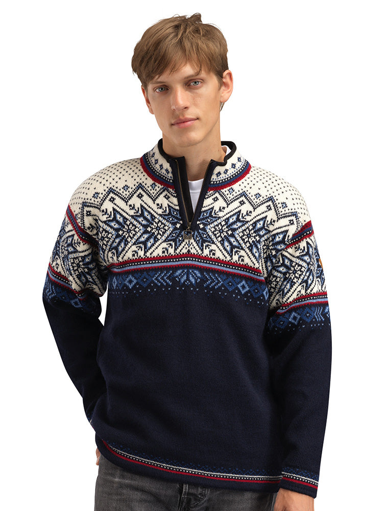 Dale of Norway Men's Vail Sweater in Midnightnavy Redrose Offwhite with traditional Norwegian pattern and quarter-zip neckline.