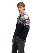 Dale of Norway Men's Vail Sweater in Midnightnavy Redrose Offwhite with traditional Norwegian pattern and quarter-zip neckline.