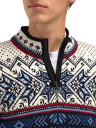 Dale of Norway Men's Vail Sweater in Midnightnavy Redrose Offwhite with traditional Norwegian pattern and quarter-zip neckline.