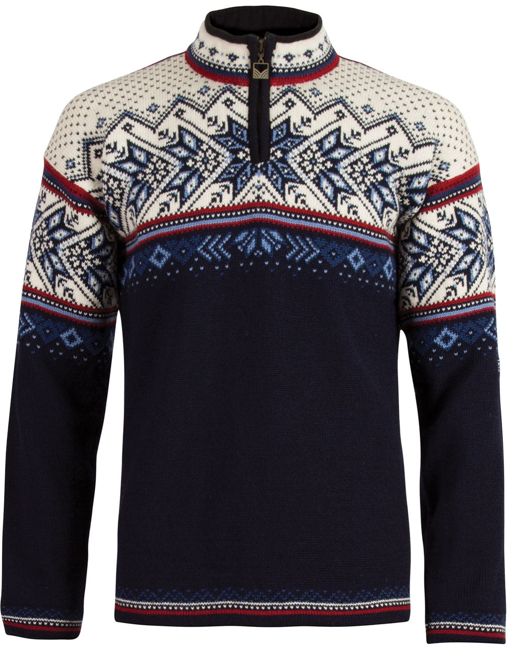 Dale of Norway Men's Vail Sweater in Midnightnavy Redrose Offwhite with traditional Norwegian pattern and quarter-zip neckline.