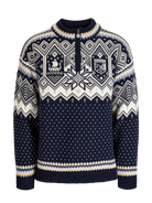 A navy and off-white Dale of Norway Men's VM Trondheim Sweater which features Scandinavian-inspired geometric patterns and is made from luxurious 100% Norweigan merino wool.
