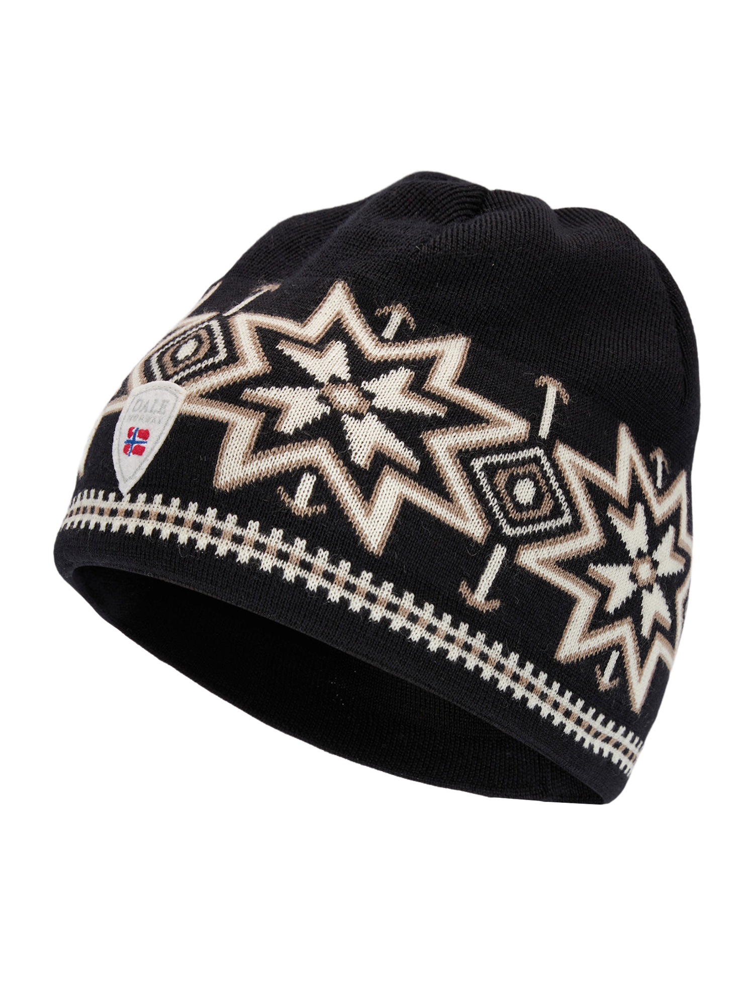 A black and off-white Dale of Norway Tindefjall Hat made from luxurious 100% Norweigan merino wool.