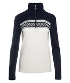 A navy and white Dale of Norway Dalestolen Women's turtleneck sweater that is made from luxurious 100% Norweigan merino wool.