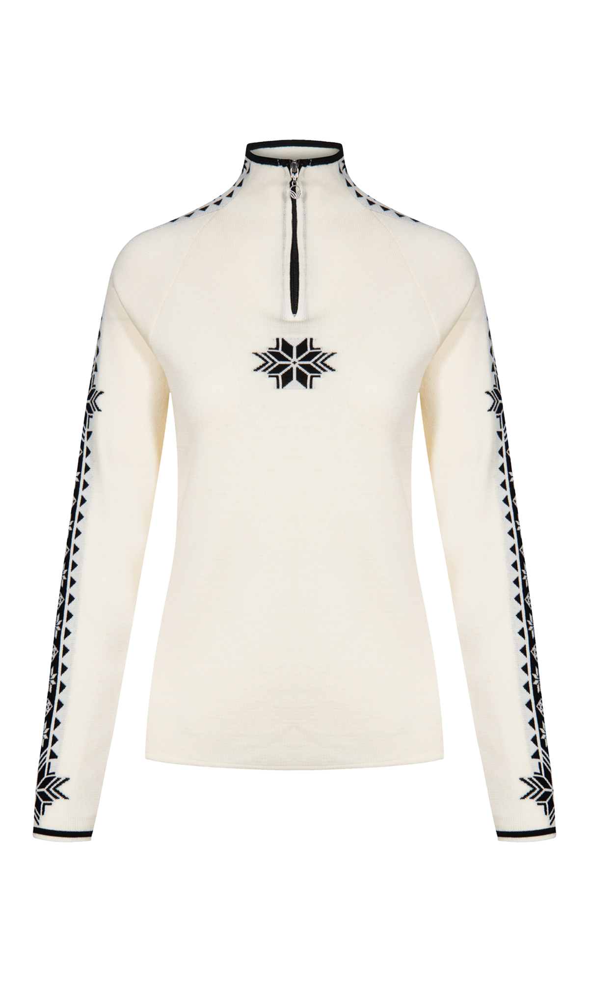 A white Dale of Norway Women’s Geilo turtleneck sweater made in Norway from luxurious Norweigan merino wool.