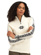 Dale of Norway Women's Geilo Sweater in Offwhite Black, a slim-fit quarter-zip sweater made from 100% skin-soft merino wool.