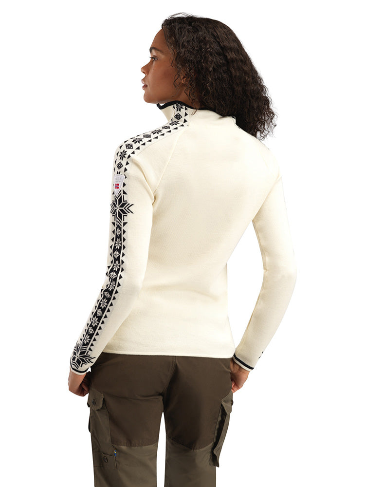 Dale of Norway Women's Geilo Sweater in Offwhite Black, a slim-fit quarter-zip sweater made from 100% skin-soft merino wool.