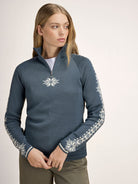 Dale of Norway Women's Geilo Sweater in Steel Offwhite, a slim-fit quarter-zip sweater made from 100% skin-soft merino wool.