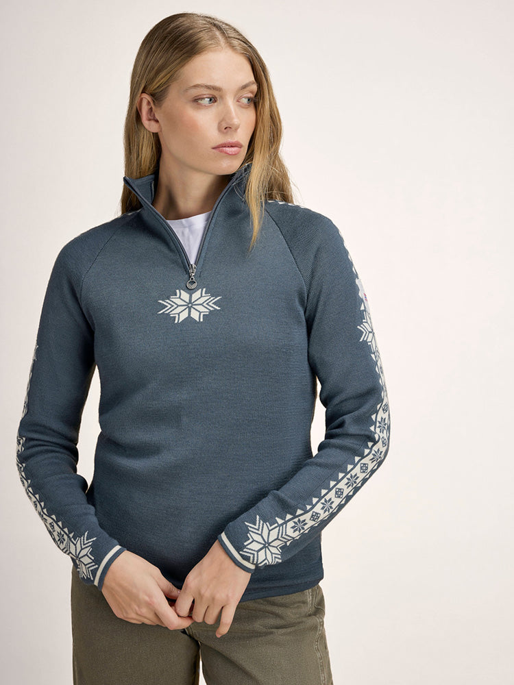 Dale of Norway Women's Geilo Sweater in Steel Offwhite, a slim-fit quarter-zip sweater made from 100% skin-soft merino wool.