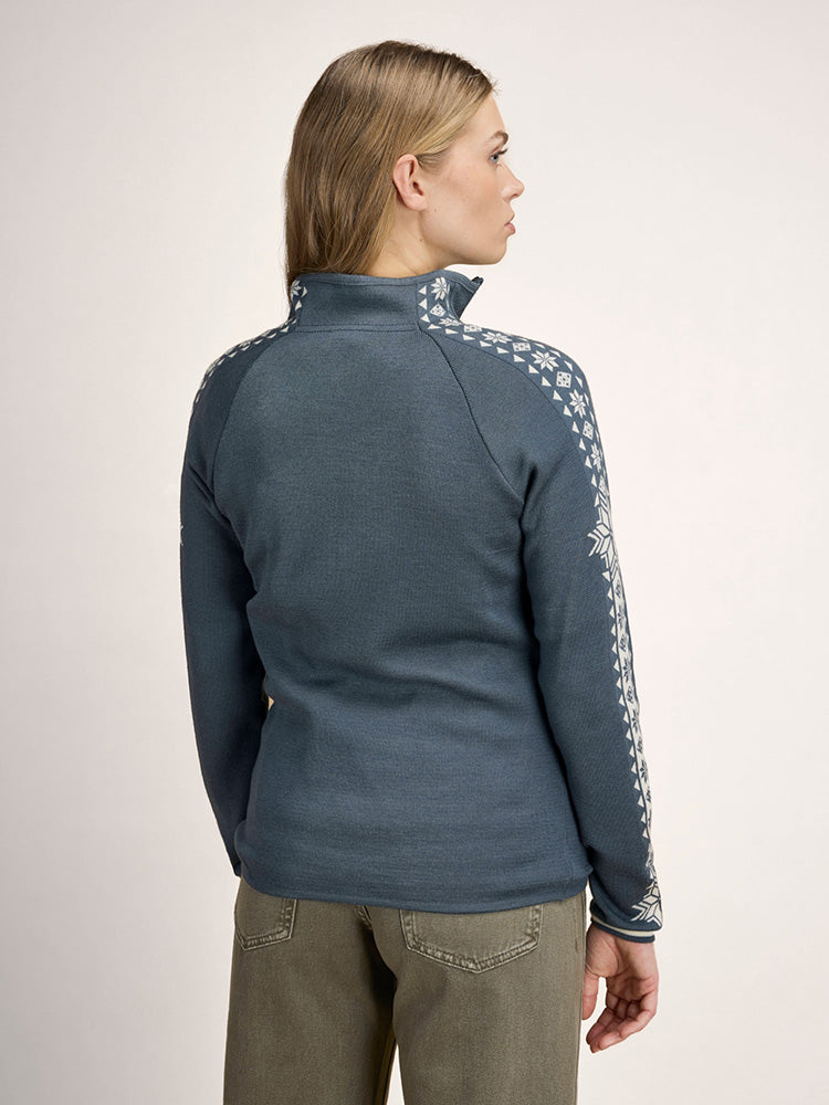 Dale of Norway Women's Geilo Sweater in Steel Offwhite, a slim-fit quarter-zip sweater made from 100% skin-soft merino wool.