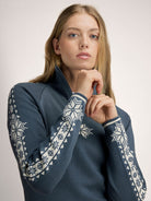 Dale of Norway Women's Geilo Sweater in Steel Offwhite, a slim-fit quarter-zip sweater made from 100% skin-soft merino wool.