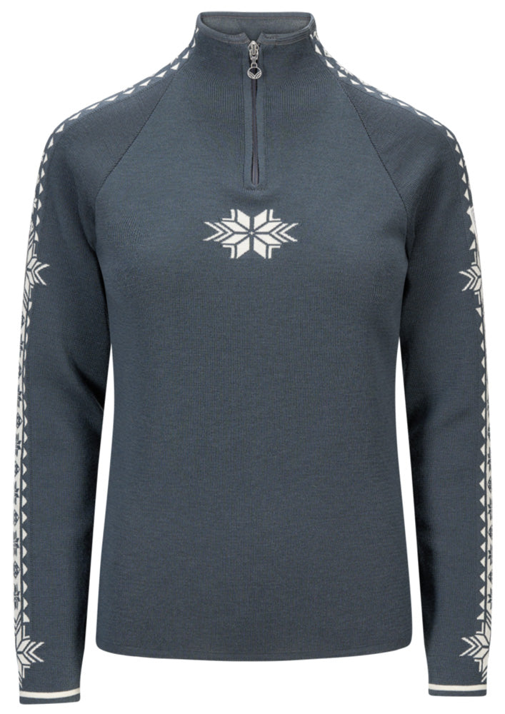 Dale of Norway Women's Geilo Sweater in Steel Offwhite, a slim-fit quarter-zip sweater made from 100% skin-soft merino wool.