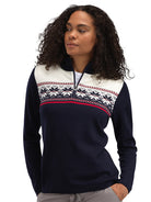 Dale of Norway Women's Liberg Sweater in Marine Raspberry Offwhite with colour-block design and classic Norwegian eight-petal rose pattern.