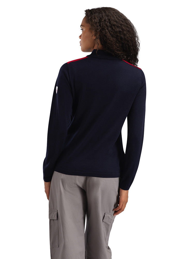 Dale of Norway Women's Liberg Sweater in Marine Raspberry Offwhite with colour-block design and classic Norwegian eight-petal rose pattern.