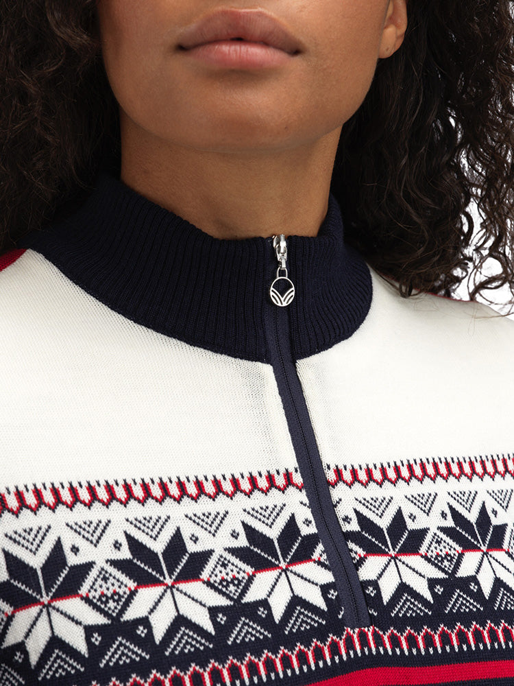 Dale of Norway Women's Liberg Sweater in Marine Raspberry Offwhite with colour-block design and classic Norwegian eight-petal rose pattern.