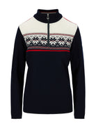 Dale of Norway Women's Liberg Sweater in Marine Raspberry Offwhite with colour-block design and classic Norwegian eight-petal rose pattern.