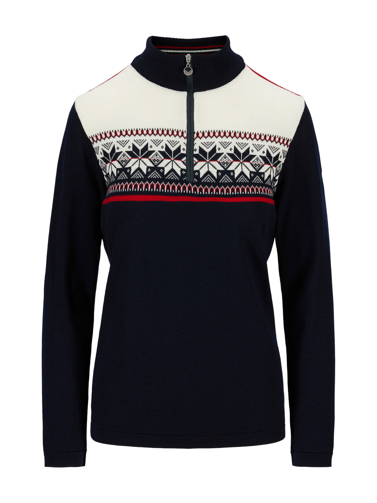 Dale of Norway Women's Liberg Sweater in Marine Raspberry Offwhite with colour-block design and classic Norwegian eight-petal rose pattern.