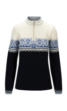 A navy and off-white Dale of Norway Women's Moritz Sweater that is made from luxurious 100% Norweigan merino wool.