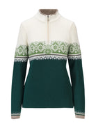 A green and off-white Dale of Norway Women's Moritz Sweater that is made from luxurious 100% Norweigan merino wool.