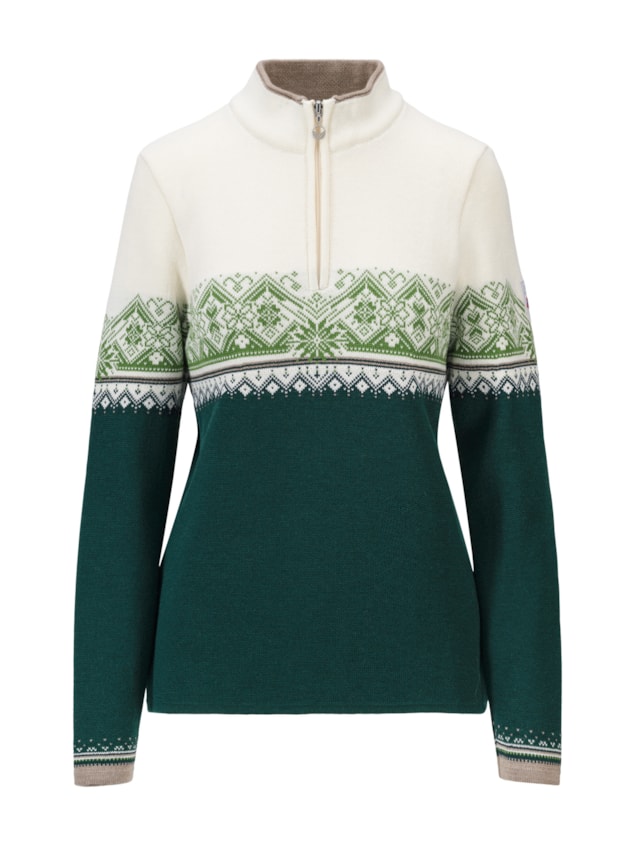A green and off-white Dale of Norway Women's Moritz Sweater that is made from luxurious 100% Norweigan merino wool.
