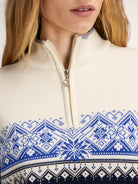 Dale of Norway Women's Moritz Sweater in Navy White Ultramarine with classic Nordic pattern and quarter-zip neckline.