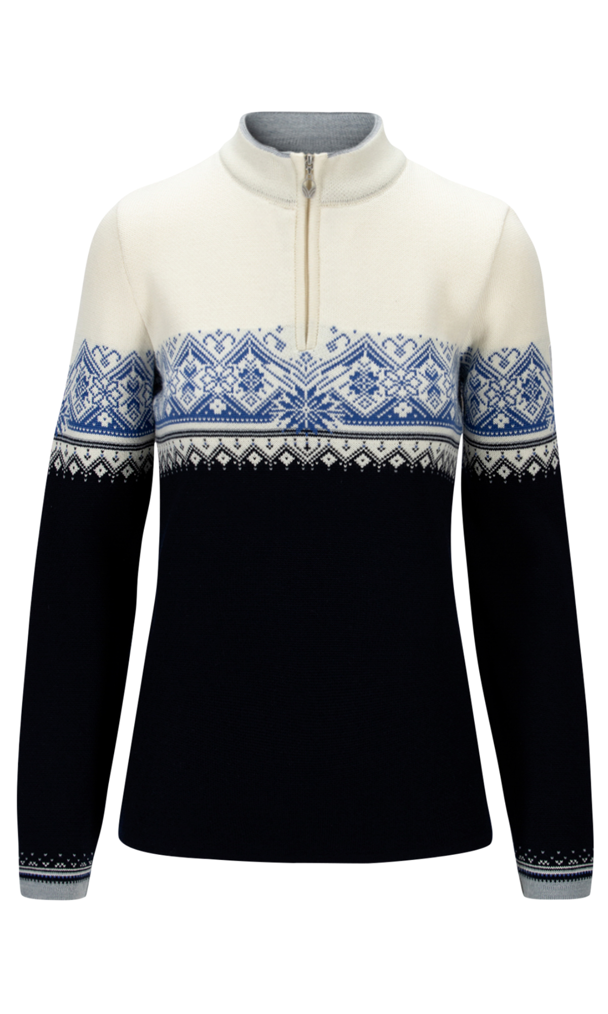 Dale of Norway Women's Moritz Sweater in Navy White Ultramarine with classic Nordic pattern and quarter-zip neckline.