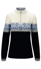 Dale of Norway Women's Moritz Sweater in Navy White Ultramarine with classic Nordic pattern and quarter-zip neckline.