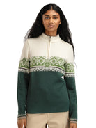 Dale of Norway Women's Moritz Sweater in Pinegreen Offwhite Springgreen with classic Nordic pattern and quarter-zip neckline.