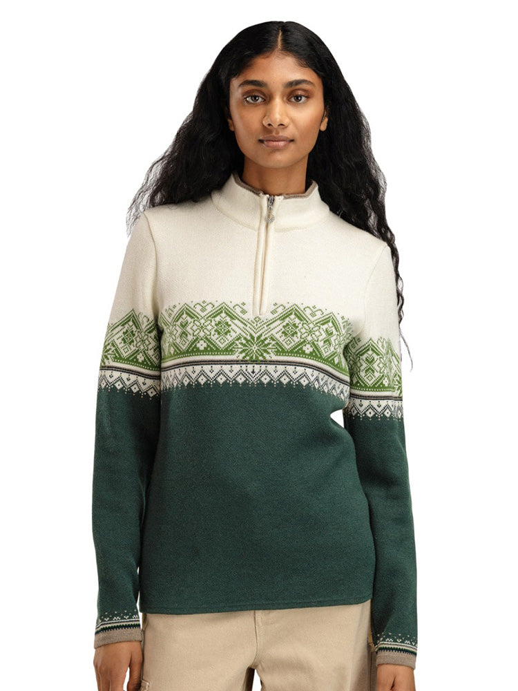 Dale of Norway Women's Moritz Sweater in Pinegreen Offwhite Springgreen with classic Nordic pattern and quarter-zip neckline.