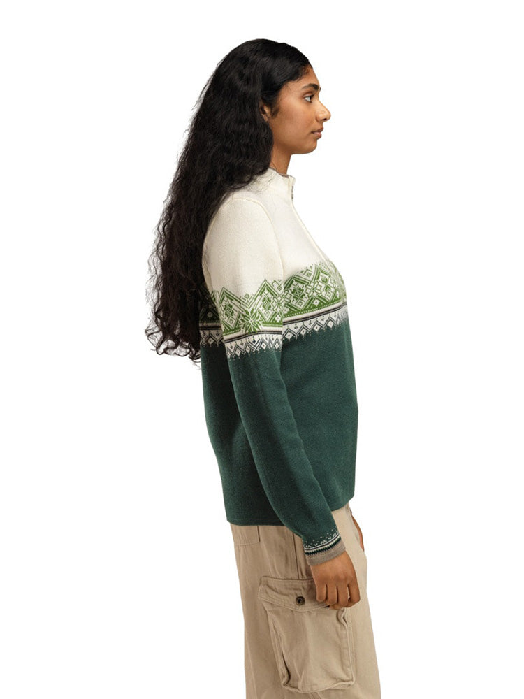 Dale of Norway Women's Moritz Sweater in Pinegreen Offwhite Springgreen with classic Nordic pattern and quarter-zip neckline.