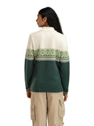 Dale of Norway Women's Moritz Sweater in Pinegreen Offwhite Springgreen with classic Nordic pattern and quarter-zip neckline.