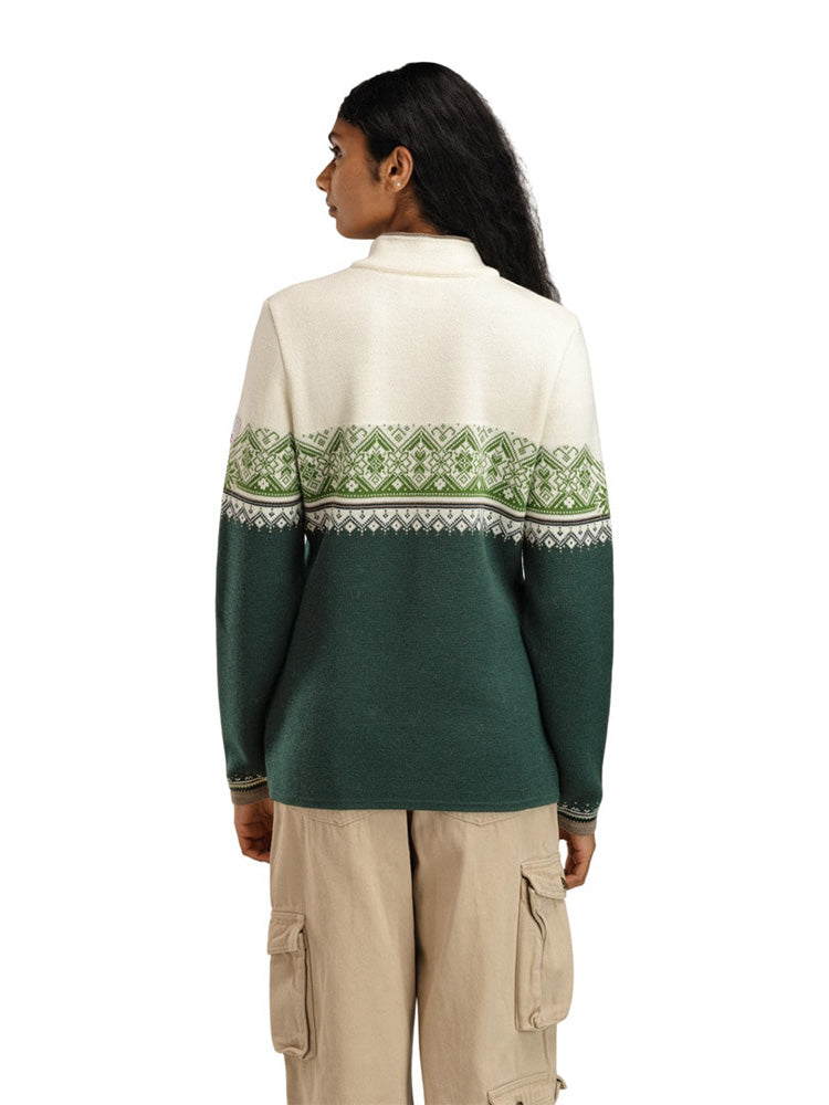Dale of Norway Women's Moritz Sweater in Pinegreen Offwhite Springgreen with classic Nordic pattern and quarter-zip neckline.