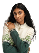 Dale of Norway Women's Moritz Sweater in Pinegreen Offwhite Springgreen with classic Nordic pattern and quarter-zip neckline.