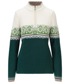 Dale of Norway Women's Moritz Sweater in Pinegreen Offwhite Springgreen with classic Nordic pattern and quarter-zip neckline.