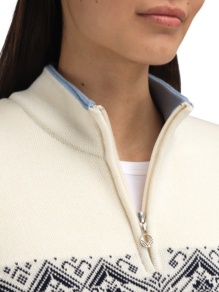 Dale of Norway Women's Moritz Sweater in Steel Offwhite Marine with classic Nordic pattern, made from 100% skin-soft merino wool.