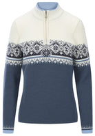 Dale of Norway Women's Moritz Sweater in Steel Offwhite Marine with classic Nordic pattern, made from 100% skin-soft merino wool.