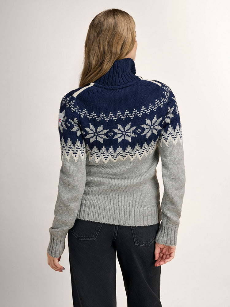 Dale of Norway Women's Myking Sweater in Light Charcoal Offwhite Navy featuring a traditional Norwegian-inspired knit pattern.