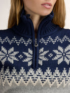 Dale of Norway Women's Myking Sweater in Light Charcoal Offwhite Navy featuring a traditional Norwegian-inspired knit pattern.