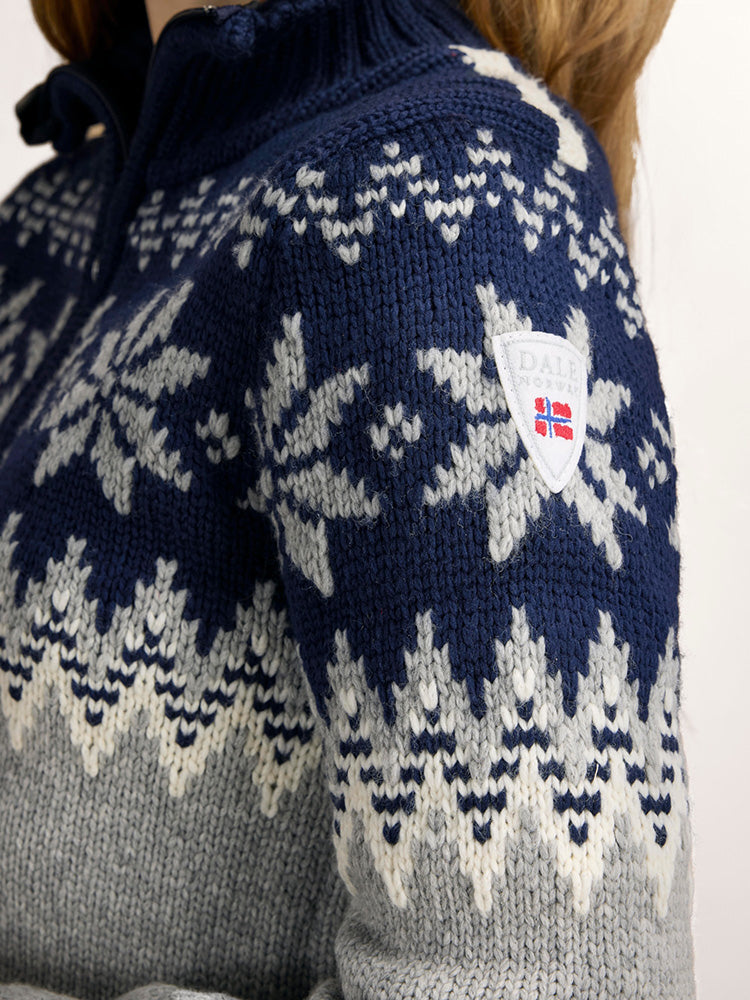 Dale of Norway Women's Myking Sweater in Light Charcoal Offwhite Navy featuring a traditional Norwegian-inspired knit pattern.
