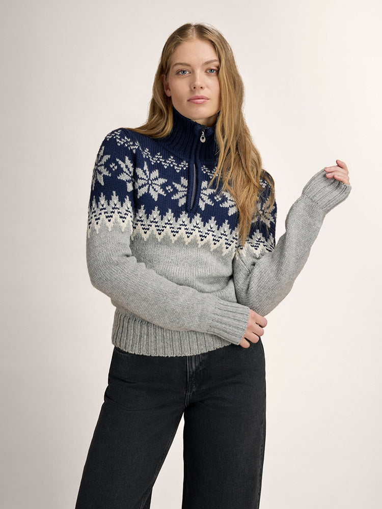 Dale of Norway Women's Myking Sweater in Light Charcoal Offwhite Navy featuring a traditional Norwegian-inspired knit pattern.