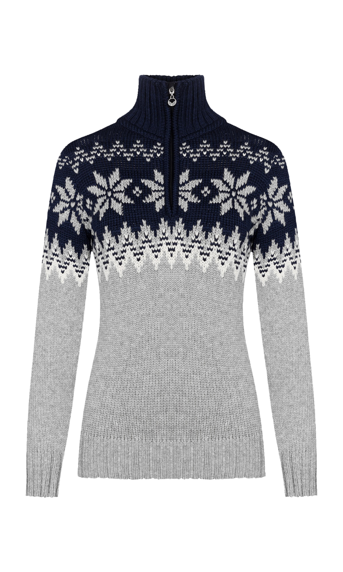 Dale of Norway Women's Myking Sweater in Light Charcoal Offwhite Navy featuring a traditional Norwegian-inspired knit pattern.