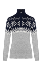 Dale of Norway Women's Myking Sweater in Light Charcoal Offwhite Navy featuring a traditional Norwegian-inspired knit pattern.