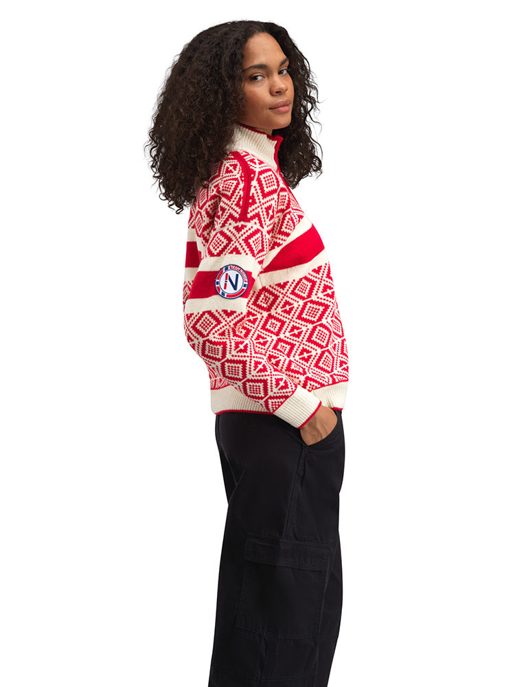 Dale of Norway Women's Team Norway Cortina Sweater in Raspberry Offwhite featuring the iconic Norwegian Cortina pattern.
