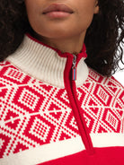 Dale of Norway Women's Team Norway Cortina Sweater in Raspberry Offwhite featuring the iconic Norwegian Cortina pattern.
