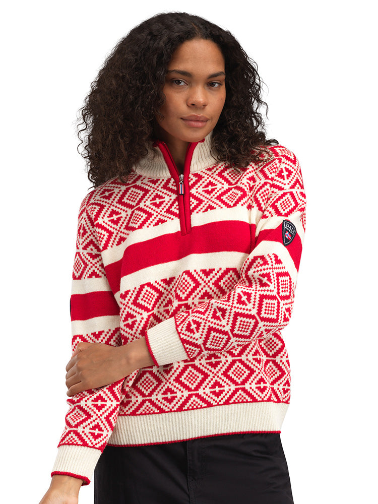 Dale of Norway Women's Team Norway Cortina Sweater in Raspberry Offwhite featuring the iconic Norwegian Cortina pattern.