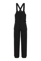 A pair of black Descente Men's 3L Hard Shell Bib Ski Pants that feature 20K breathability and 20K waterproofing, a premium 4-way stretch fabric, and included suspenders.