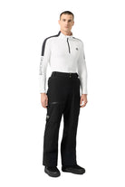Front view of black Descente Men’s Brushed Lining Pants featuring technical stretch fabric, soft brushed fleece interior backing, zippered hand pockets, and an ergonomic tailored waistband.