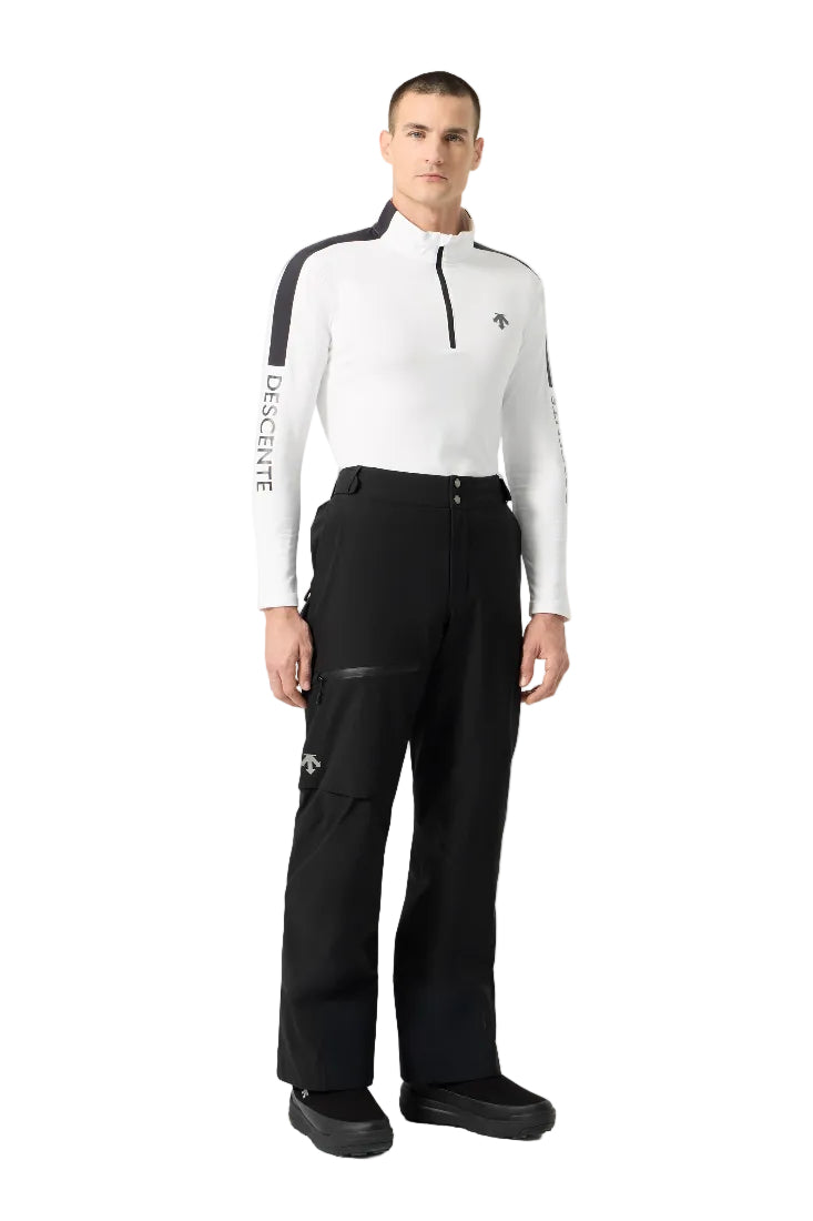 Front view of black Descente Men’s Brushed Lining Pants featuring technical stretch fabric, soft brushed fleece interior backing, zippered hand pockets, and an ergonomic tailored waistband.