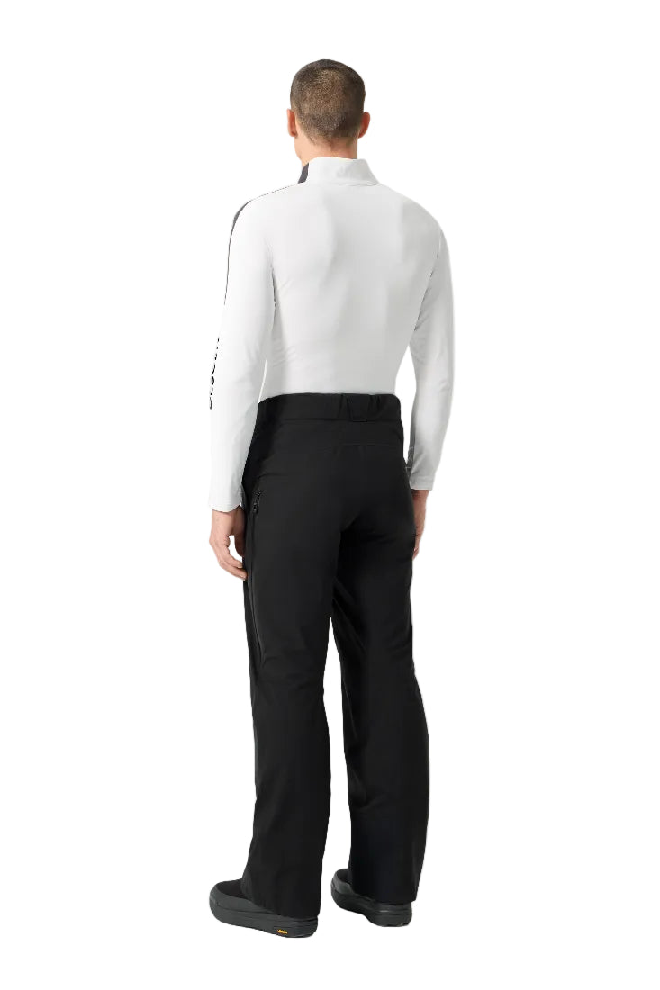 Rear view of black Descente Men’s Brushed Lining Pants featuring technical stretch fabric, soft brushed fleece interior backing, zippered hand pockets, and an ergonomic tailored waistband.
