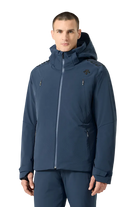 Front view of a mountain navy Descente Men's Finder Jacket featuring 4-way stretch Dermizax fabric, Dual Zip front ventilation system, heat-molded shoulder grip panels, and an integrated Breath Ventilation collar.