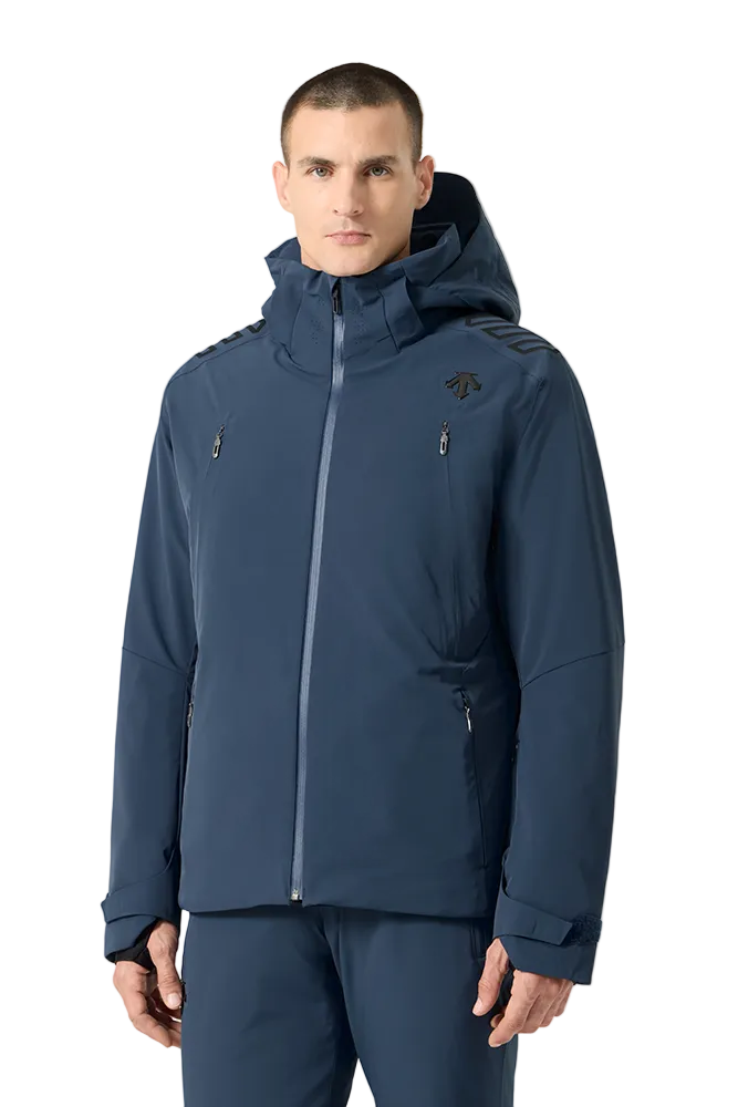 Front view of a mountain navy Descente Men's Finder Jacket featuring 4-way stretch Dermizax fabric, Dual Zip front ventilation system, heat-molded shoulder grip panels, and an integrated Breath Ventilation collar.